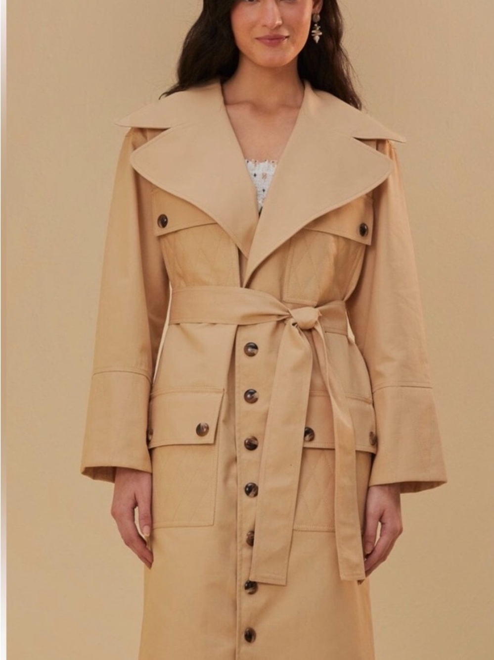 Farm Rio - Women's Cream Trench Coat with Belt - size small - 100% cotton
